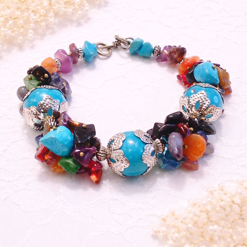 Multi Color Gemstone Chip and Blue Bead Bracelet